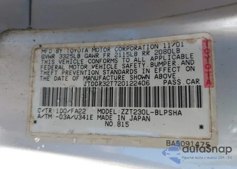 2002 Toyota Celica Gt z USA, uszkodzony, nr VIN JTDDR32T720122406